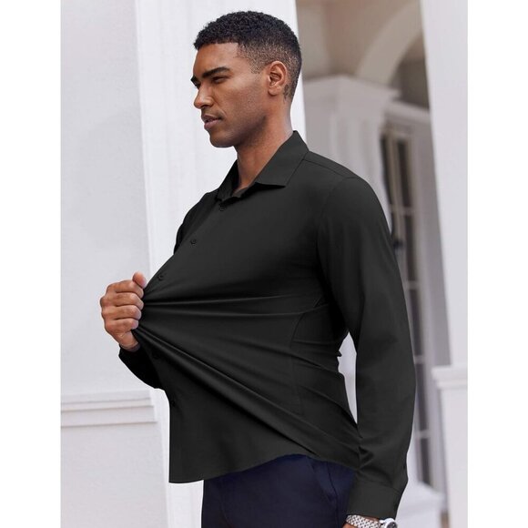 Coofandy Men Solid Black Long Sleeve Button Down Regular Fit Business Shirt - Picture 5 of 6